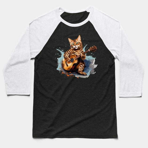 Bengal Cat Playing Guitar Baseball T-Shirt by Graceful Designs